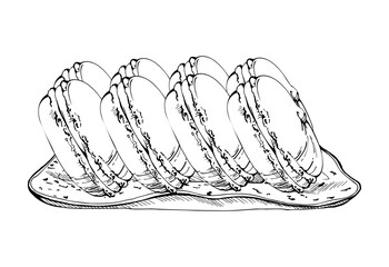 Whoopie moon pies, French macarons with mousse centers on raku-fired ceramic plate. Hand drawn isolated vector ink illustration. Bakery logo art, gourmet pastry recipe books, spring marketing designs.