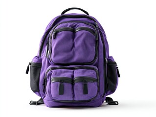 Naklejka premium A purple backpack with multiple zippered compartments, black accents, and adjustable straps, shown against a white background