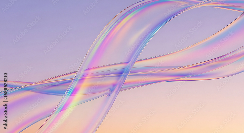Poster abstract flowing light ribbons with subtle rainbow prism effect against a soft gradient sky backgrou