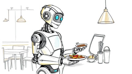 Robot waiter serving food in cafe.