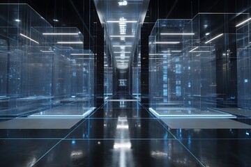Step into a futuristic data center showcasing vibrant digital infrastructure and powerful processing capabilities for innovative tech solutions today