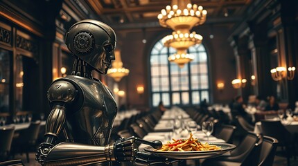 Robot waiter serving food in grand hall.