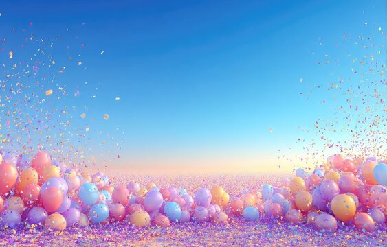 Pastel balloons and confetti against a light blue sky (3)