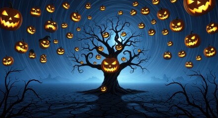 Spooky Halloween Tree with Glowing Jack O Lanterns in Dark Night Sky