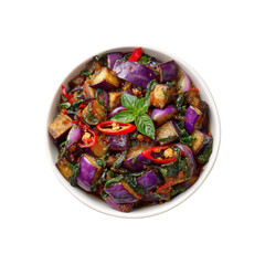 Delicious Stir-Fried Eggplant with Basil and Chili in a White Bowl
