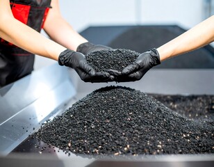 Hands holding black seeds, industrial setting