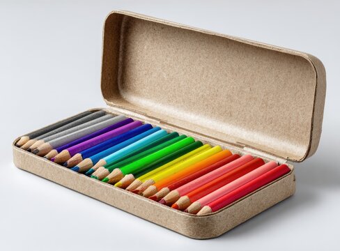 A rectangular, light brown cardboard case, slightly ajar, holds a set of vibrant colored pencils, arranged neatly in rows
