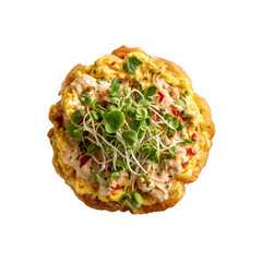 Gourmet Scrambled Eggs with Spicy Mayo and Microgreens on Crispy Bread