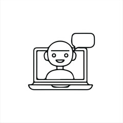 A simple line-style chatbot AI icon featuring a smiling robot with a headset inside a smartphone screen and a speech bubble. Perfect for representing customer support, online assistance, and AI-powere