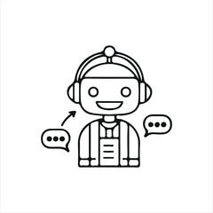 A simple line-style chatbot AI icon featuring a smiling robot with a headset inside a smartphone screen and a speech bubble. Perfect for representing customer support, online assistance, and AI-powere