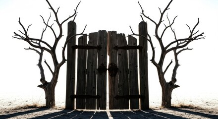 Dark Wooden Gate Flanked by Bare Leafless Trees in Desolate Landscape