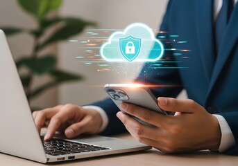 Secure Cloud Computing Man Using Laptop and Smartphone for Data Protection and Cybersecurity with Digital Cloud Icon