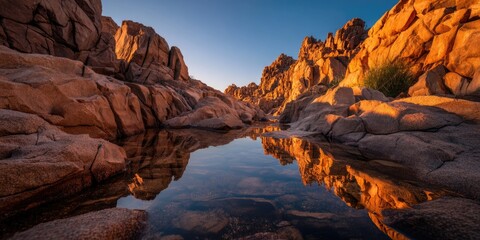 A majestic desert canyon with smooth rock walls reflection on lake