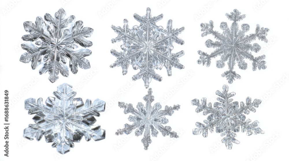 Poster six distinct snowflakes of different shapes and sizes are arranged on a white background, showcasing