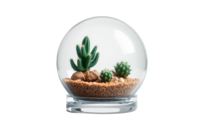 A miniature desert landscape contained within a clear glass sphere, featuring various types of cacti and small pebbles, creating a unique terrarium
