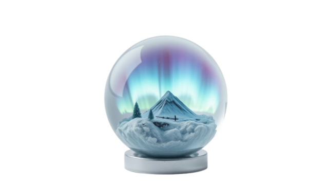 Magical winter scene with snow globe featuring a pyramid and aurora borealis lights with a snowy landscape