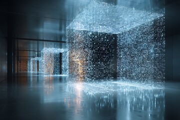 Stunning futuristic data cubes illuminate a modern server room, perfect for technology presentations and innovative business solutions with a dynamic, vibrant feel