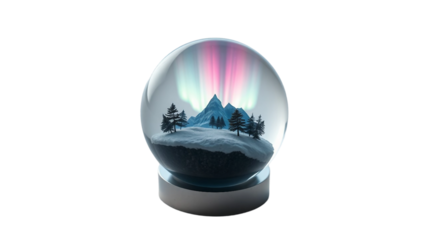 Captivating snow globe featuring a miniature winter landscape with snow-covered mountains and the mesmerizing aurora borealis shimmering above