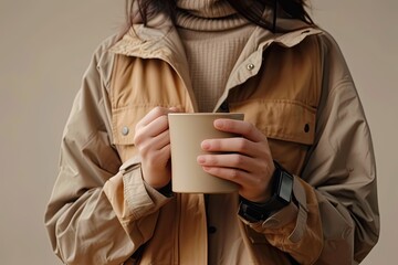 Young woman wear trendy jacket and smartwatch holding beige ceramic mug in hands