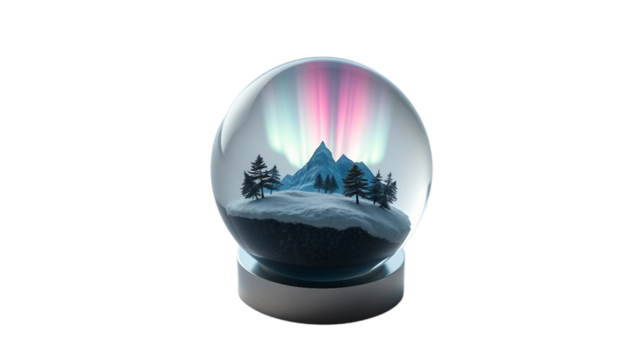 Captivating snow globe featuring a miniature winter landscape with snow-covered mountains and the mesmerizing aurora borealis shimmering above