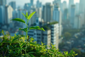 A City with a Green Plant in the Foreground and a City in the Background