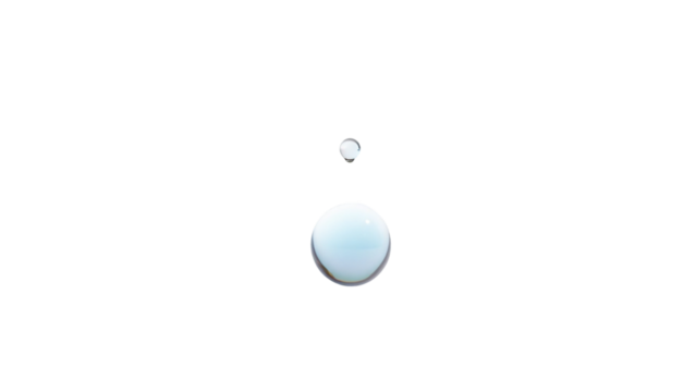 A single clear water droplet suspended in mid-air, isolated against a pure white background, showcasing its perfect spherical shape and surface tension
