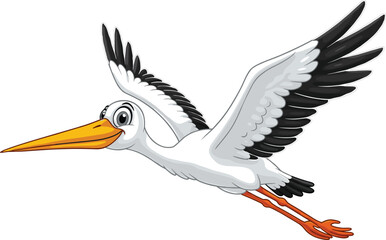 Cute cartoon stork flying with wings spread, happy white bird with orange beak and legs, vector animal illustration for kids.Cute cartoon stork flying with 