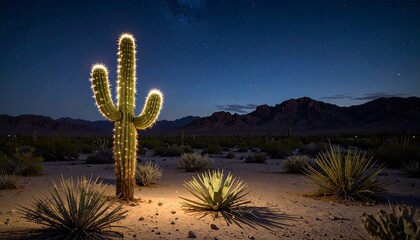 realistic glowing cactus in desert at night