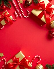 Christmas gifts, candy canes, and ornaments on a red background
