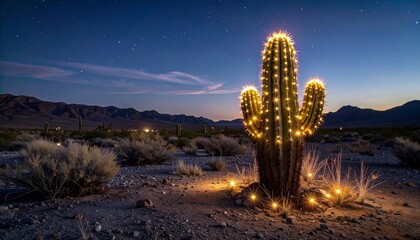 realistic glowing cactus in desert at night