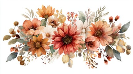 A vibrant collection of autumn flowers including orange and brown blooms set against a soft background. The arrangement features various textures and colors, highlighting seasonal beauty.