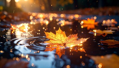 fall maple leaves on puddle