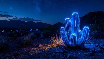 realistic blue illuminescent cactus in desert at night