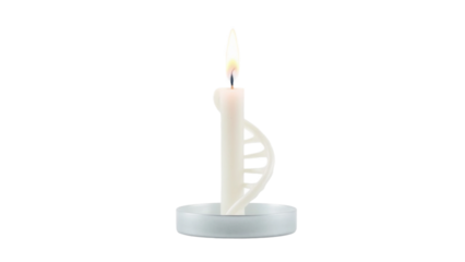 Candle with DNA structure detail, symbolizing science and discovery on a white background, conceptual illumination