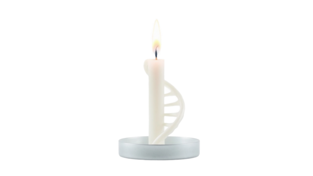 Candle with DNA structure detail, symbolizing science and discovery on a white background, conceptual illumination