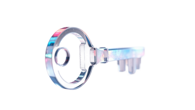 A transparent, holographic key with a colorful, iridescent sheen, symbolizing access, solutions, and discovery, isolated on a clean white background, perfect for conceptual design
