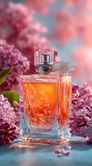 A glass perfume bottle with orange liquid inside, surrounded by purple flowers, all set against a light blue backdrop with pink sky