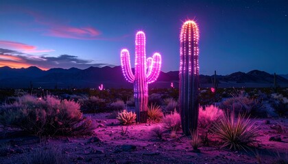 realistic neon glowing cactus in desert at night