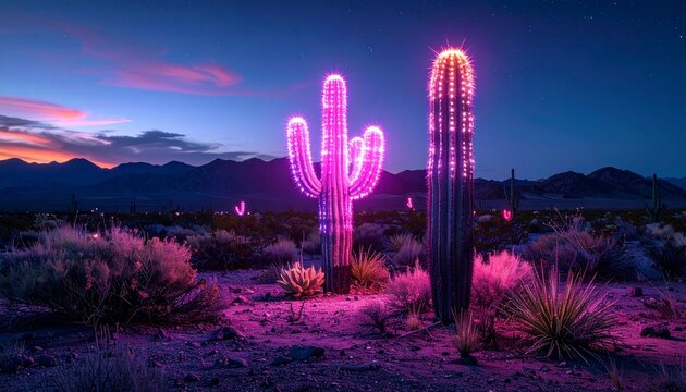 realistic neon glowing cactus in desert at night