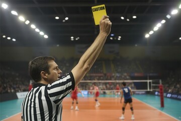 Volleyball referee holding caution card up high during tense match in stadium with crowd watching