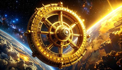 Naklejka premium Golden space station orbiting Earth