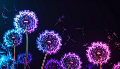 realistic neon glowing dandelions with seeds floating in air with copy space; black background