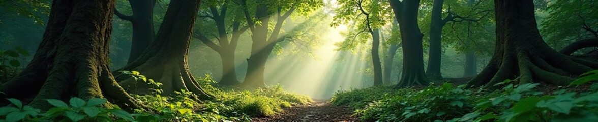 Majestic ancient forest, sunlight filtering through leaves, creating dappled light on the forest floor  Perfect for environmental, nature, and woodland themes  ,  serene,  ecosystem,  magical