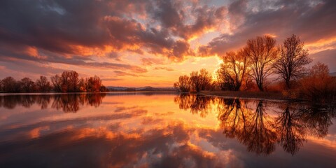 Fototapeta premium A panoramic autumn lake scene at sunset fiery sky