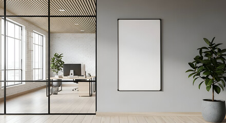 Modern office interior with blank frame and plants