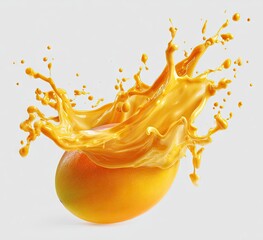 A ripe mango sits beneath a dynamic splash of its own vibrant, pulpy juice against a stark white background.  The image is bright, fresh, and evokes feelings of tropical refreshment