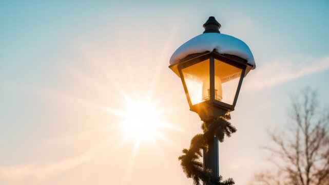 Snowy lamppost with garland and sun rays