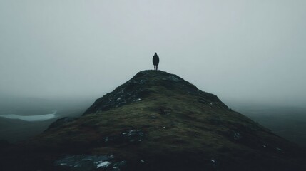 Hiker standing triumphantly on a mist-covered mountain peak, soaking in the breathtaking landscape and embracing the serene wilderness