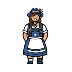 A cartoon illustration of a woman in traditional Bavarian clothing, smiling and wearing a blue hat and dress. October Fest