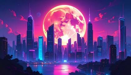 A giant neon glowing moon rising behind skyscrapers 